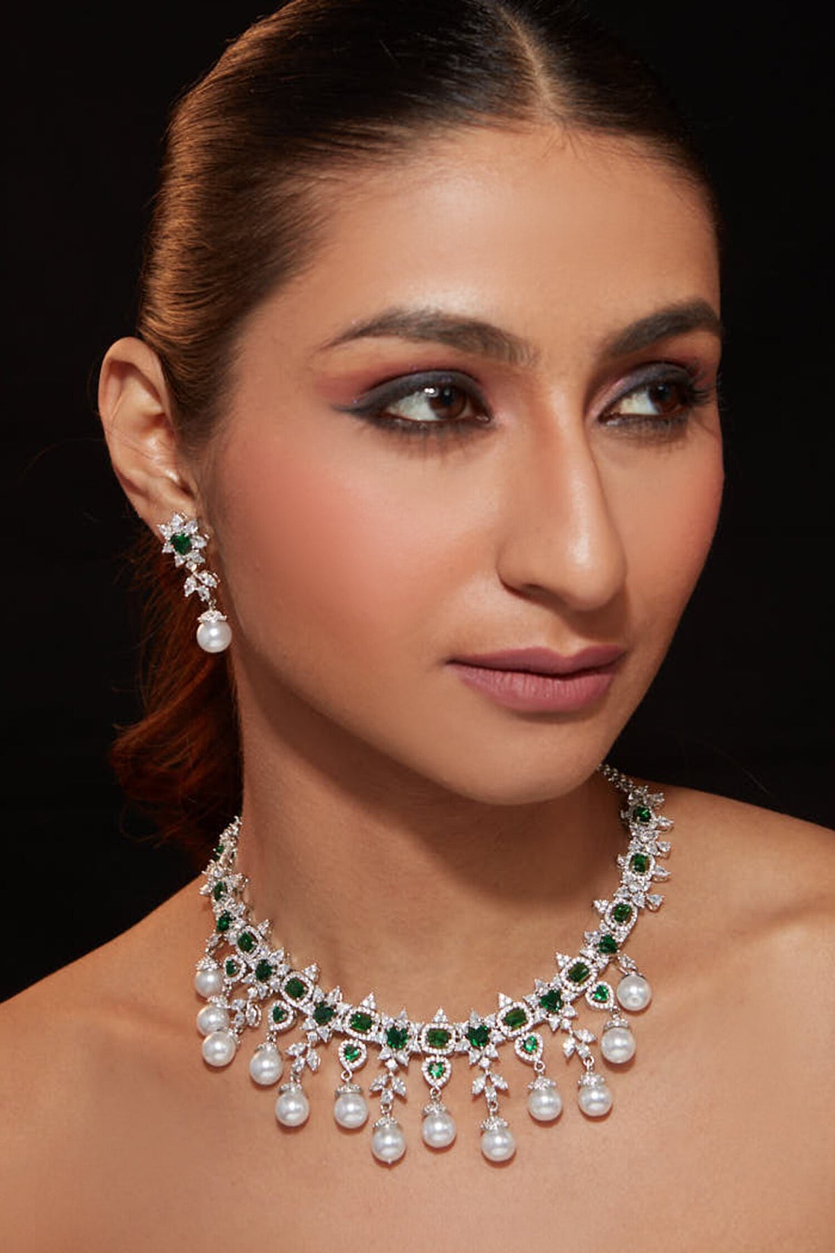 Stone Studded Floral Pearl Drop Necklace Set 