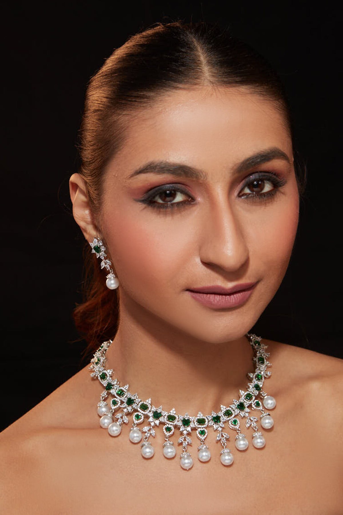 Stone Studded Floral Pearl Drop Necklace Set 