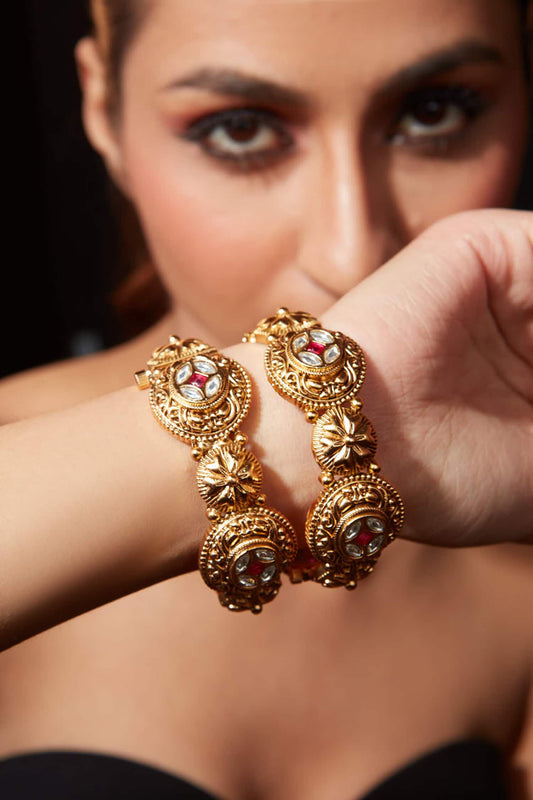Kundan Studded Temple Bangle - Set of 2 
