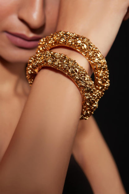 Flower Carved Temple Bangle - Set of 2 