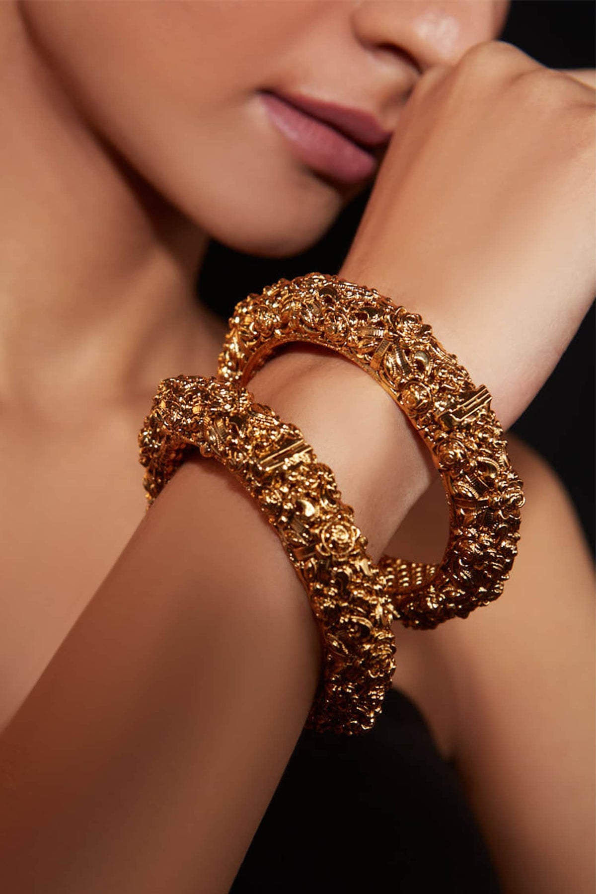 Flower Carved Temple Bangle - Set of 2 