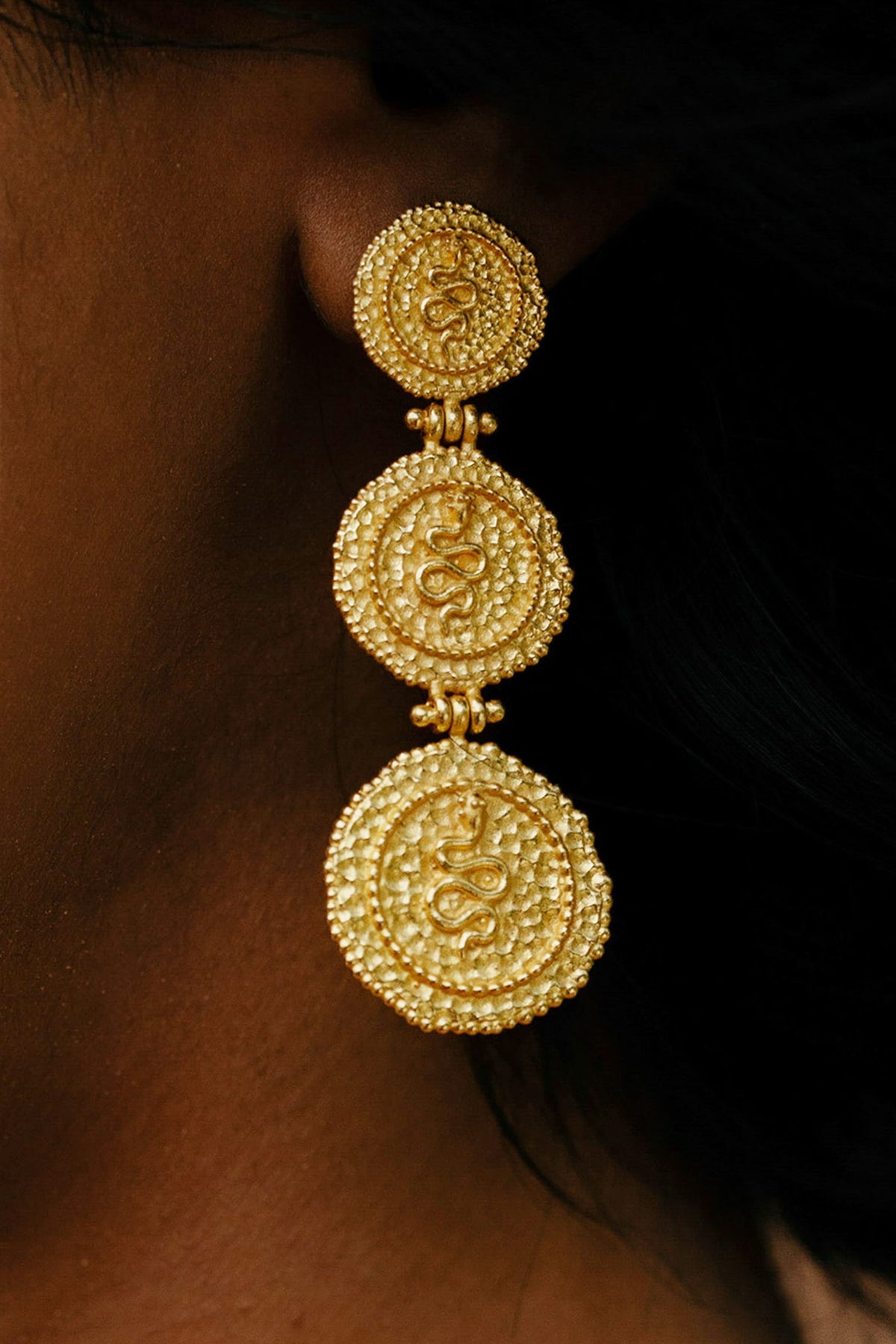 Serpent Embossed Triple Coin Carved Earrings 