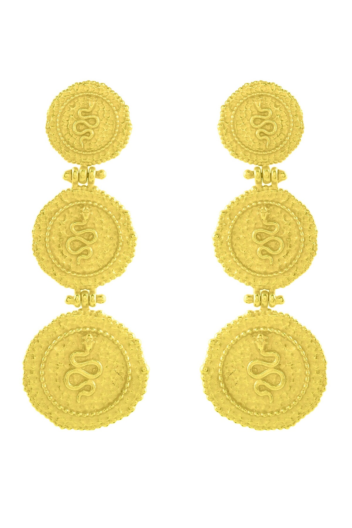 Serpent Embossed Triple Coin Carved Earrings 