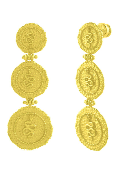 Serpent Embossed Triple Coin Carved Earrings 