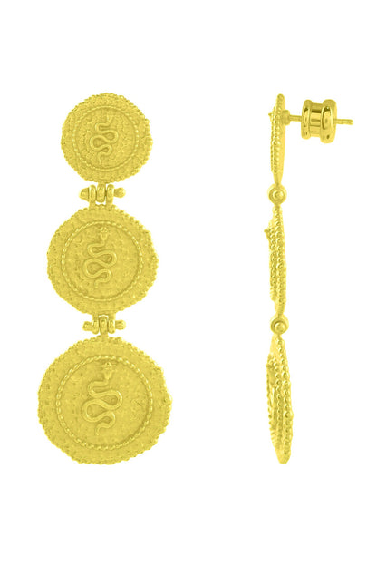Serpent Embossed Triple Coin Carved Earrings 