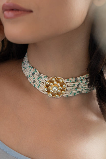 Turquoise Pearl Floral Choker 