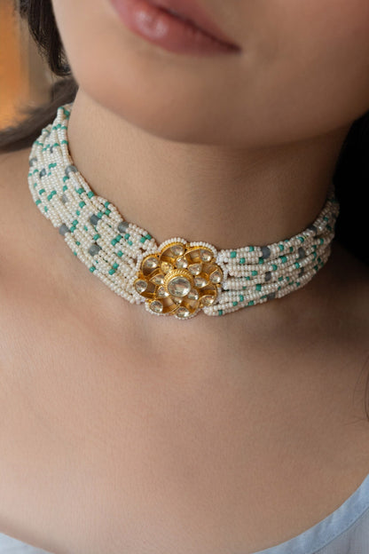 Turquoise Pearl Floral Choker 
