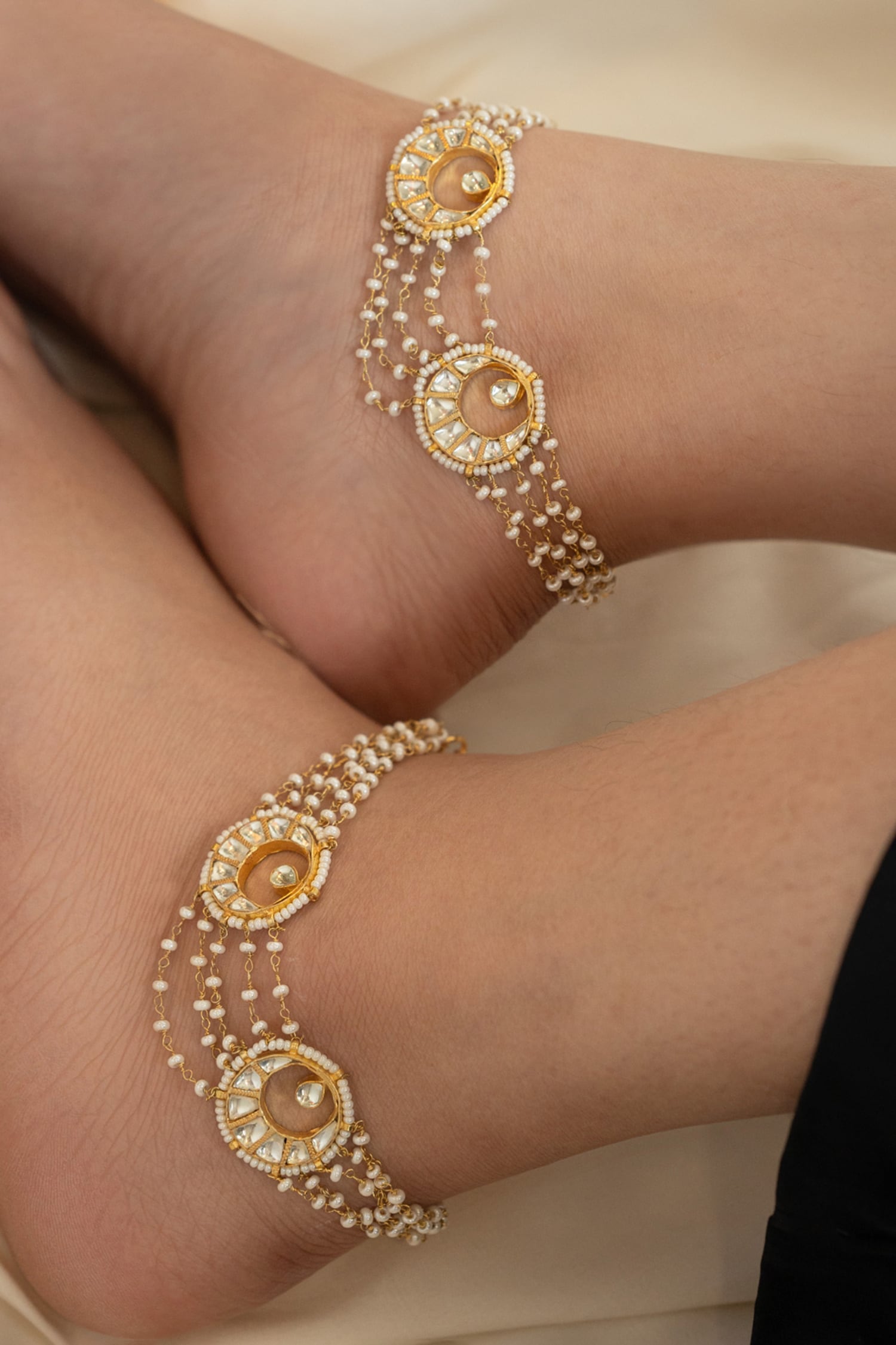 Kundan Half Moon Pearl Anklets 