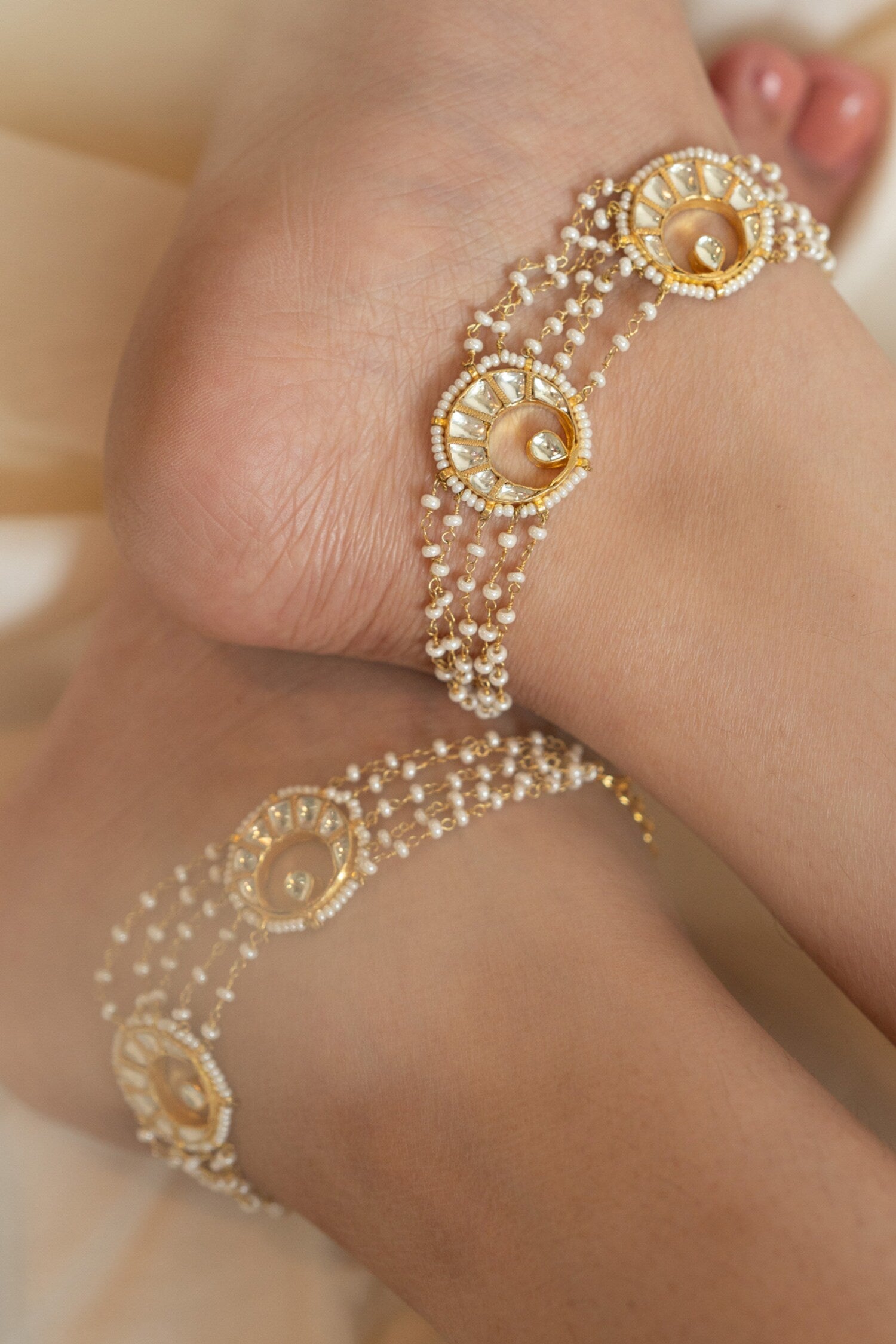 Kundan Half Moon Pearl Anklets 