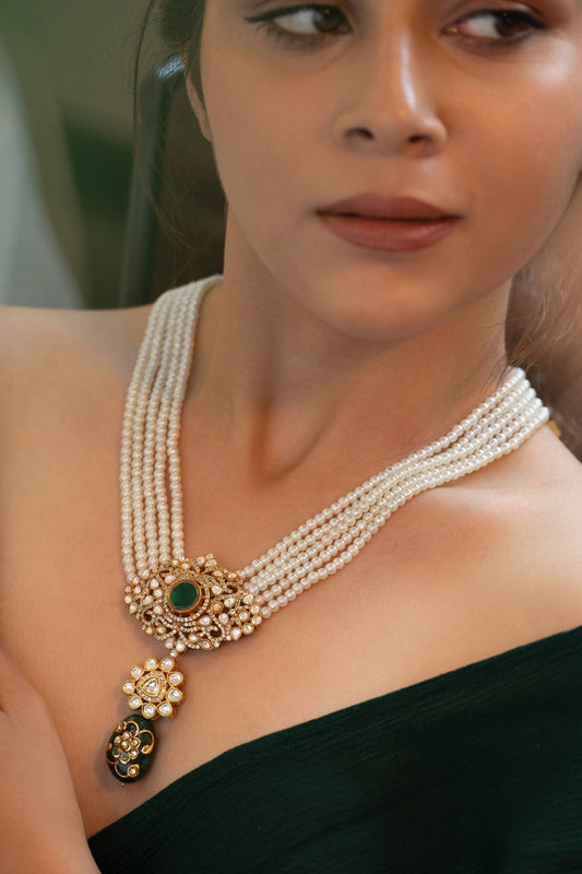 Polki Embellished Floral Pearl Necklace 
