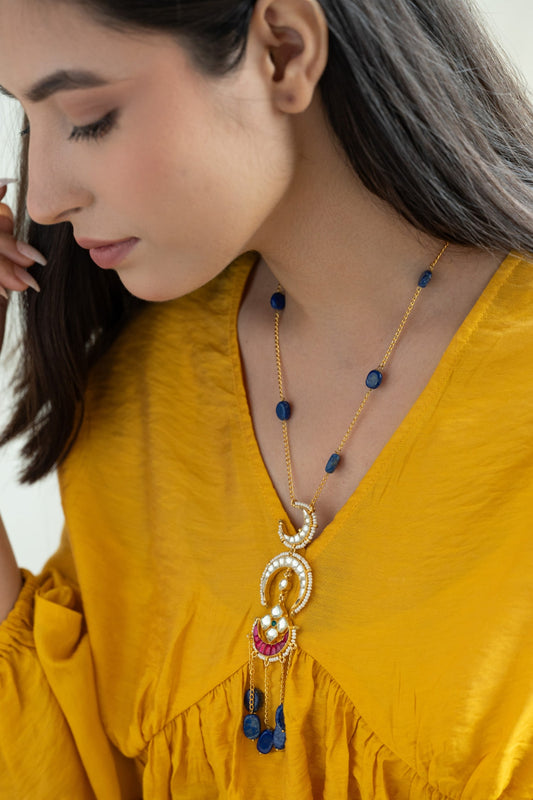 Lapis Lazuli & Pearl Embellished Pendant Necklace 