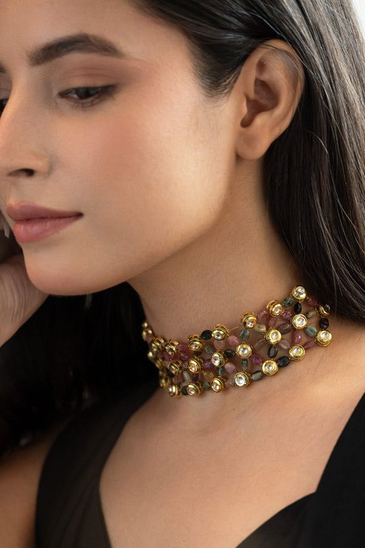 Natural Stone Embellished Choker Necklace 
