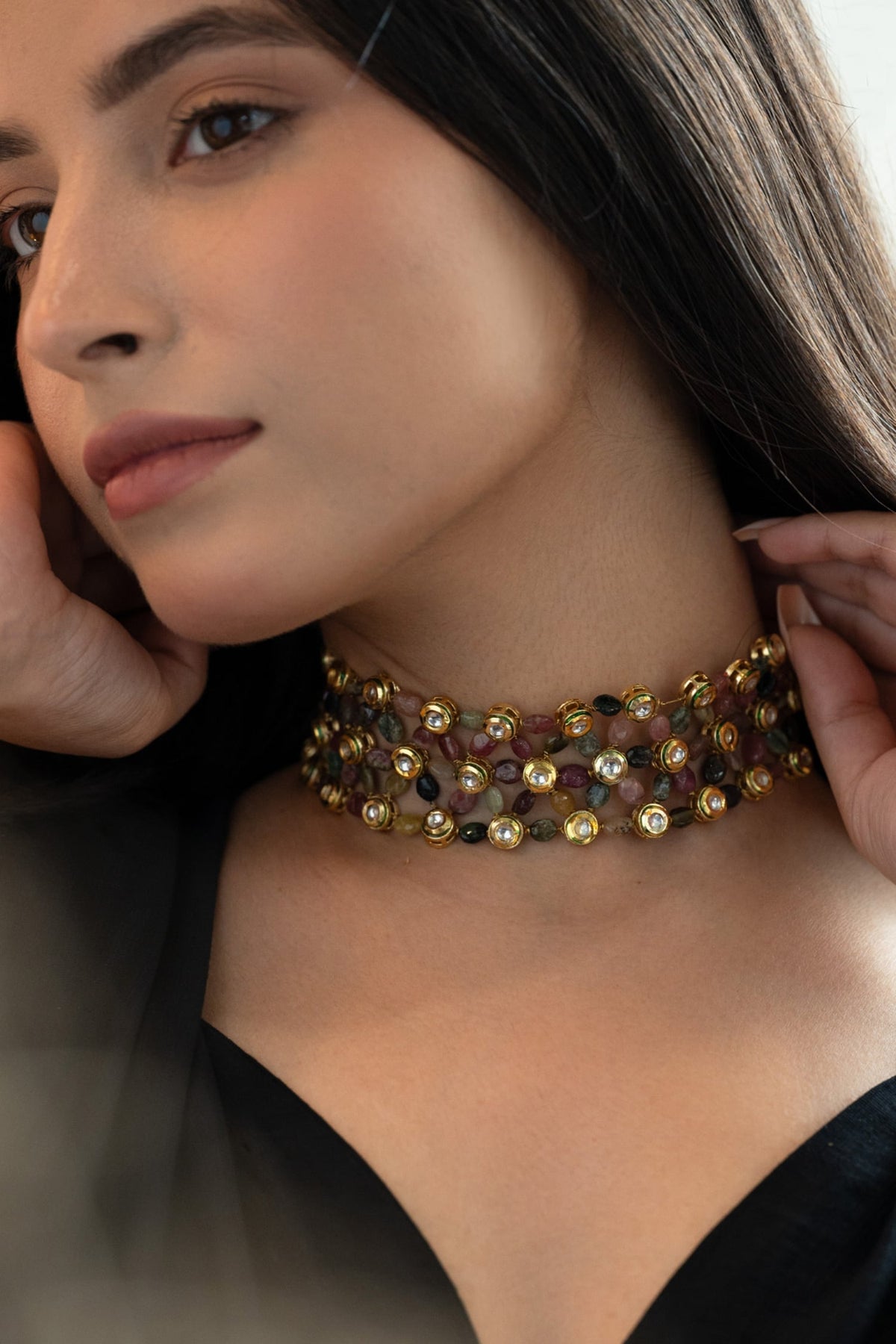 Natural Stone Embellished Choker Necklace 