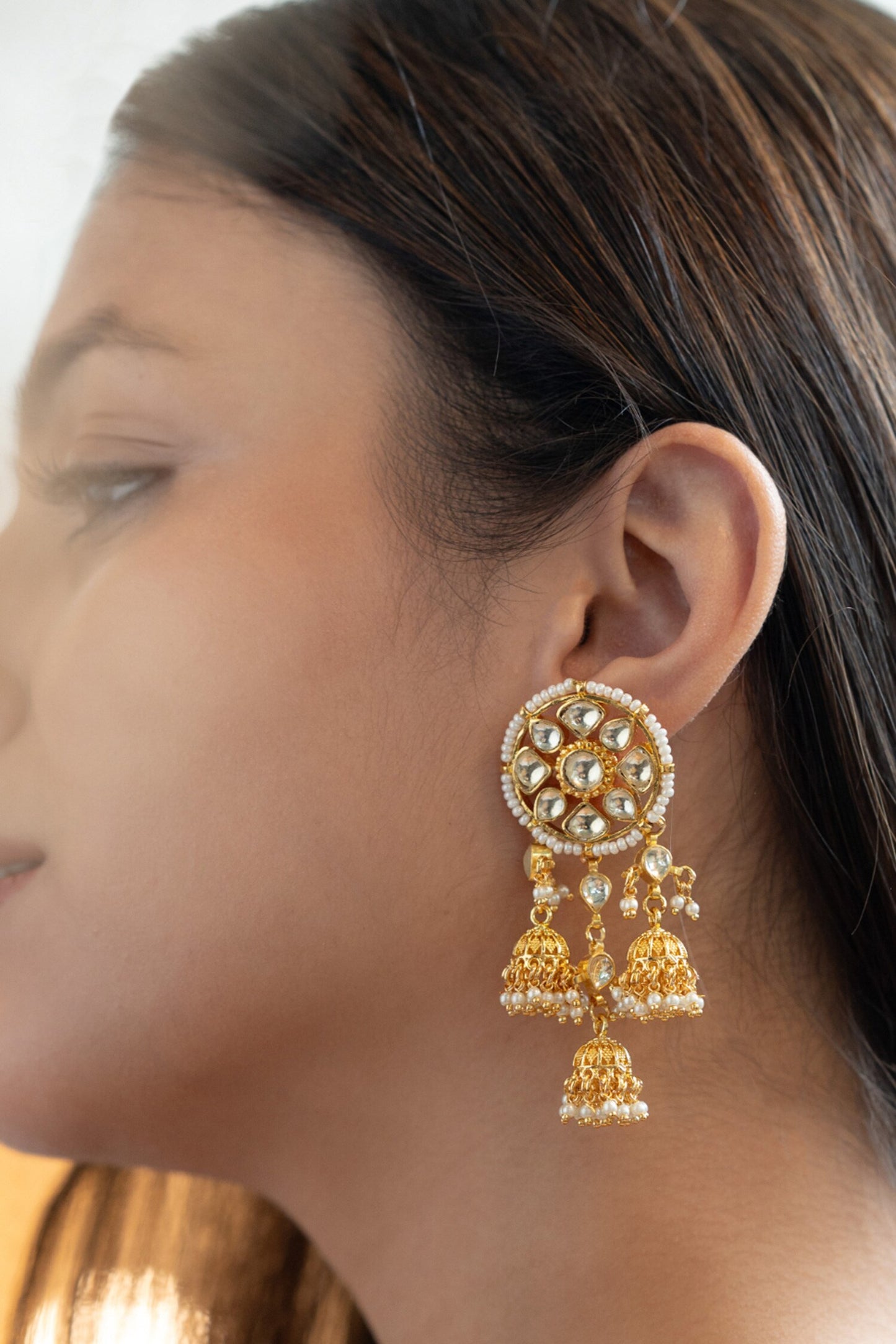 Kundan & Pearl Embellished Jhumka Earrings 
