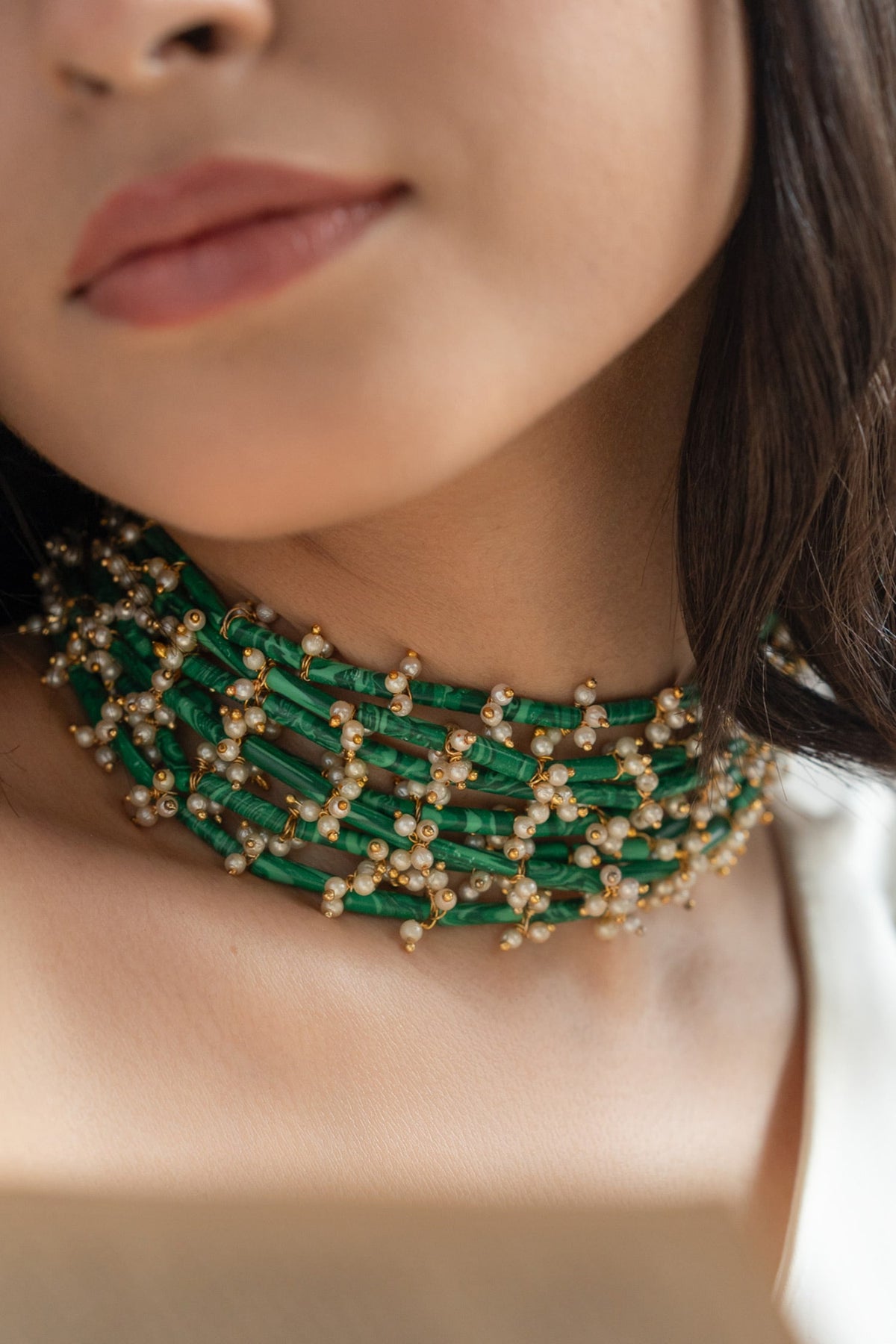 Natural Stone Embellished Multistrand Choker Necklace 