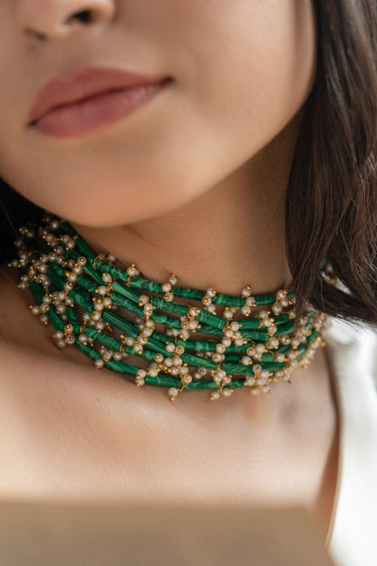 Natural Stone Embellished Multistrand Choker Necklace 
