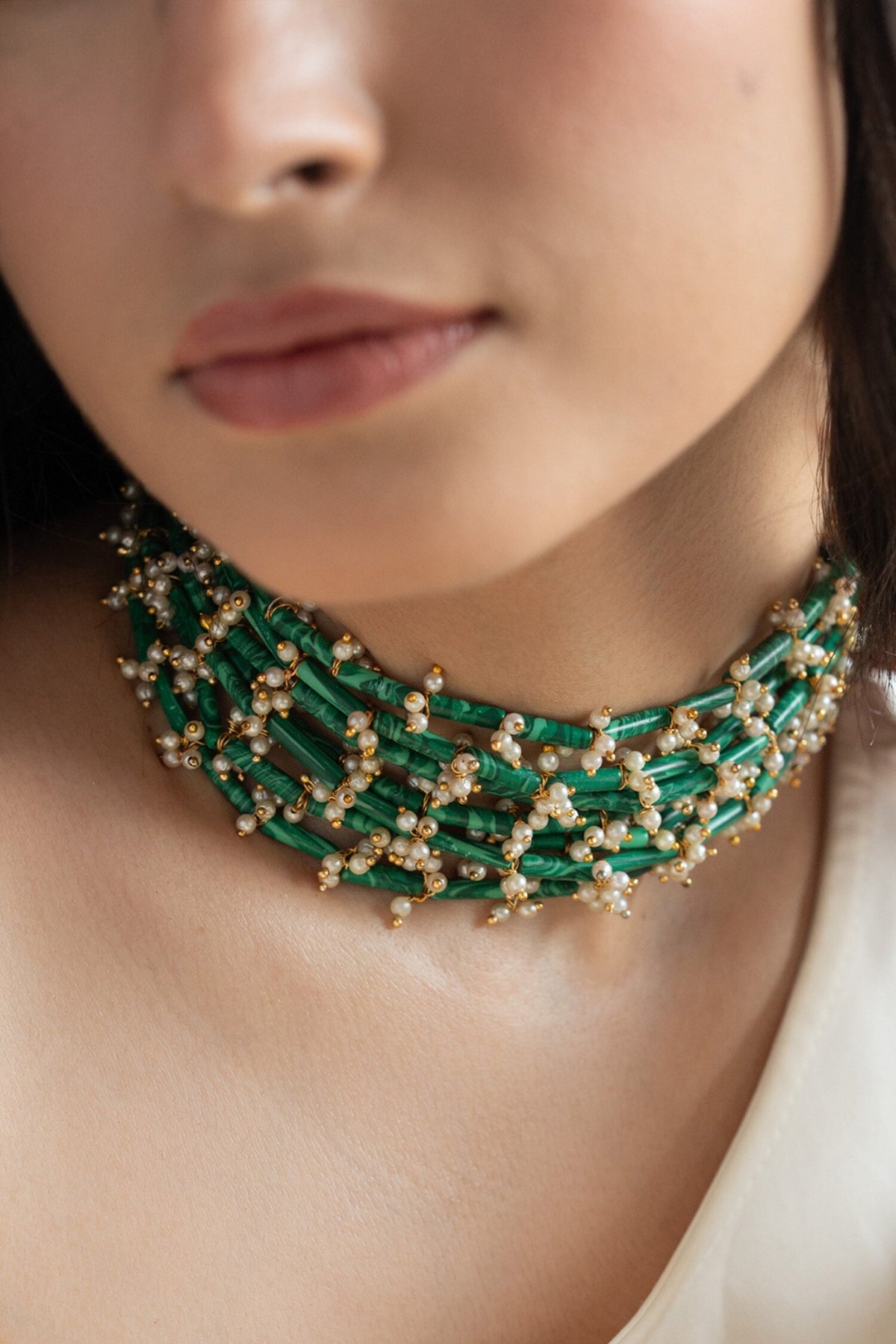Natural Stone Embellished Multistrand Choker Necklace 