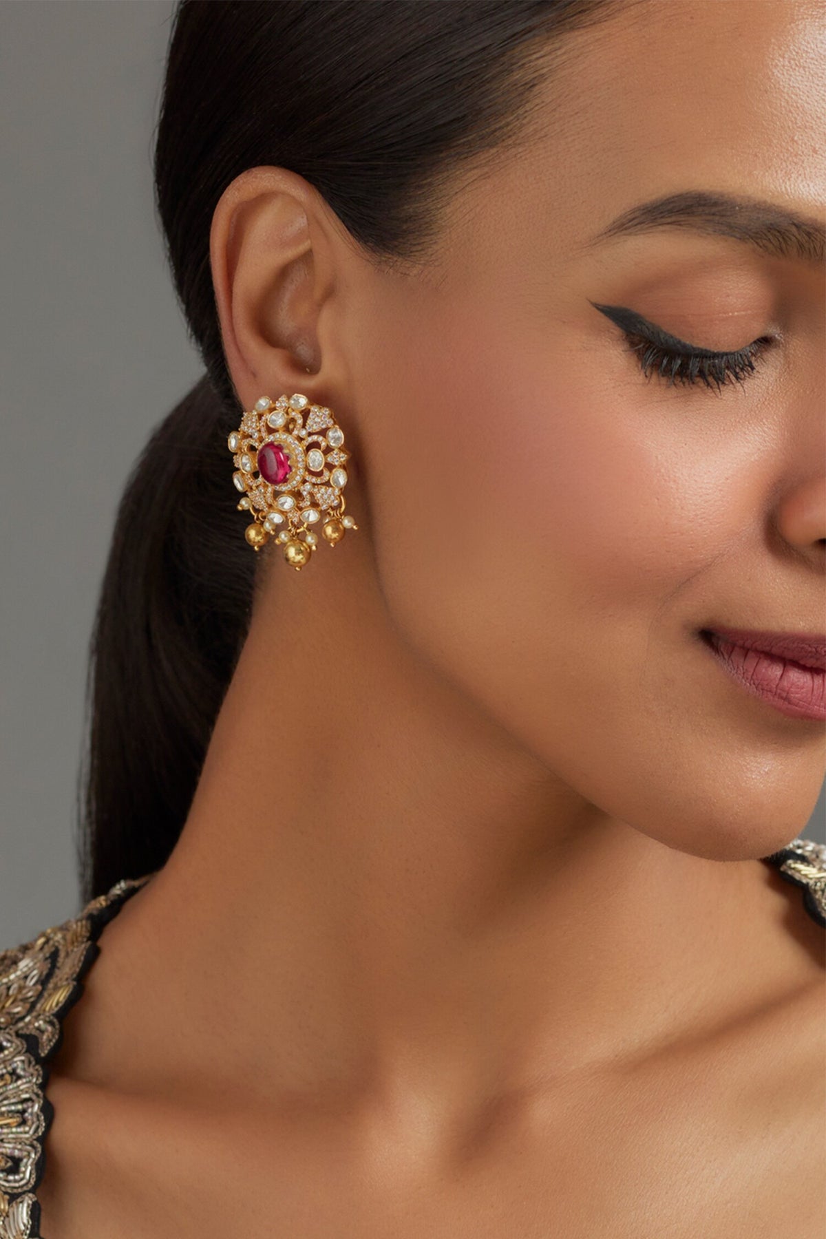 Moissanite Polki Embellished Swirl Earrings 