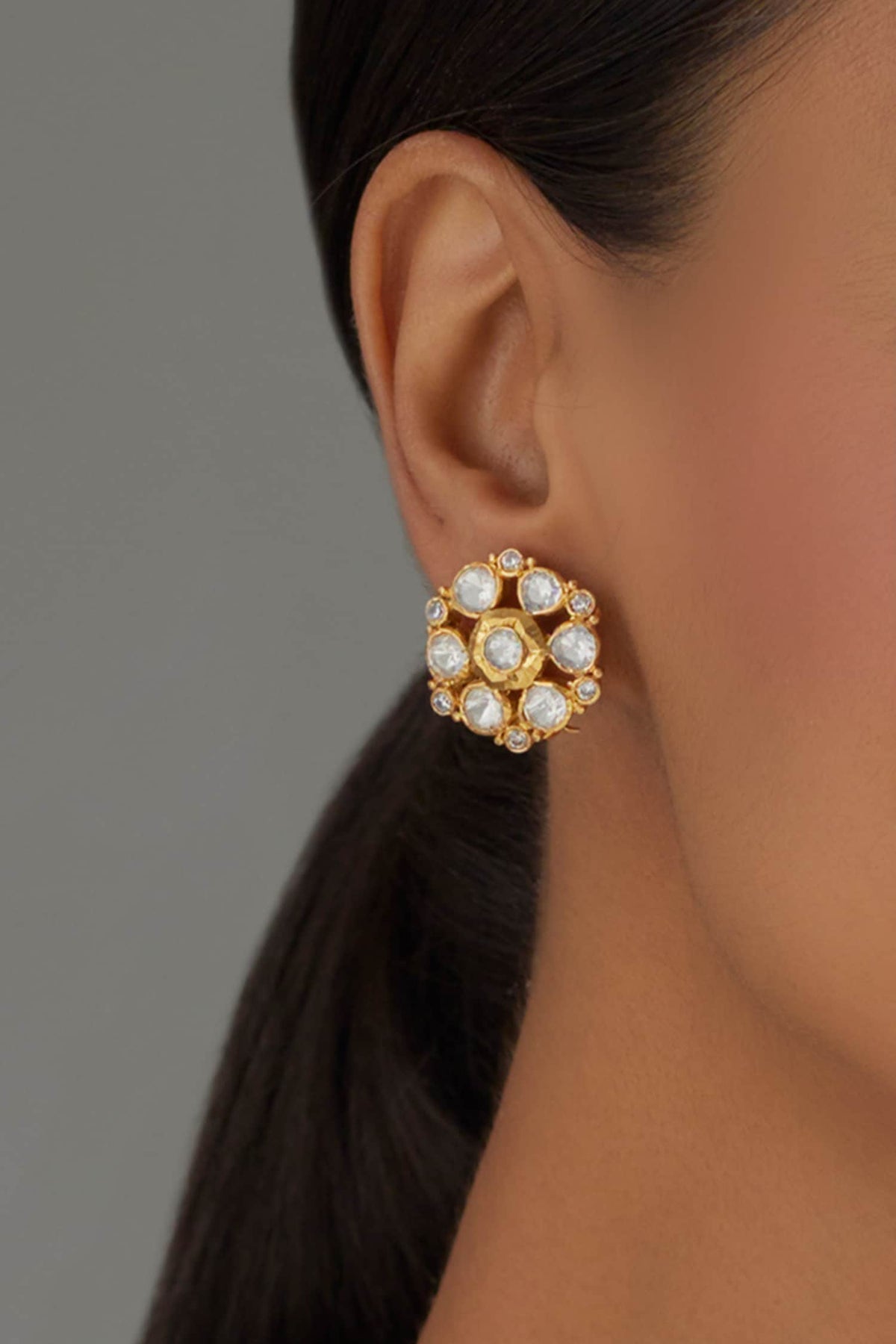Moissanite Polki Embellished Floral Studs 