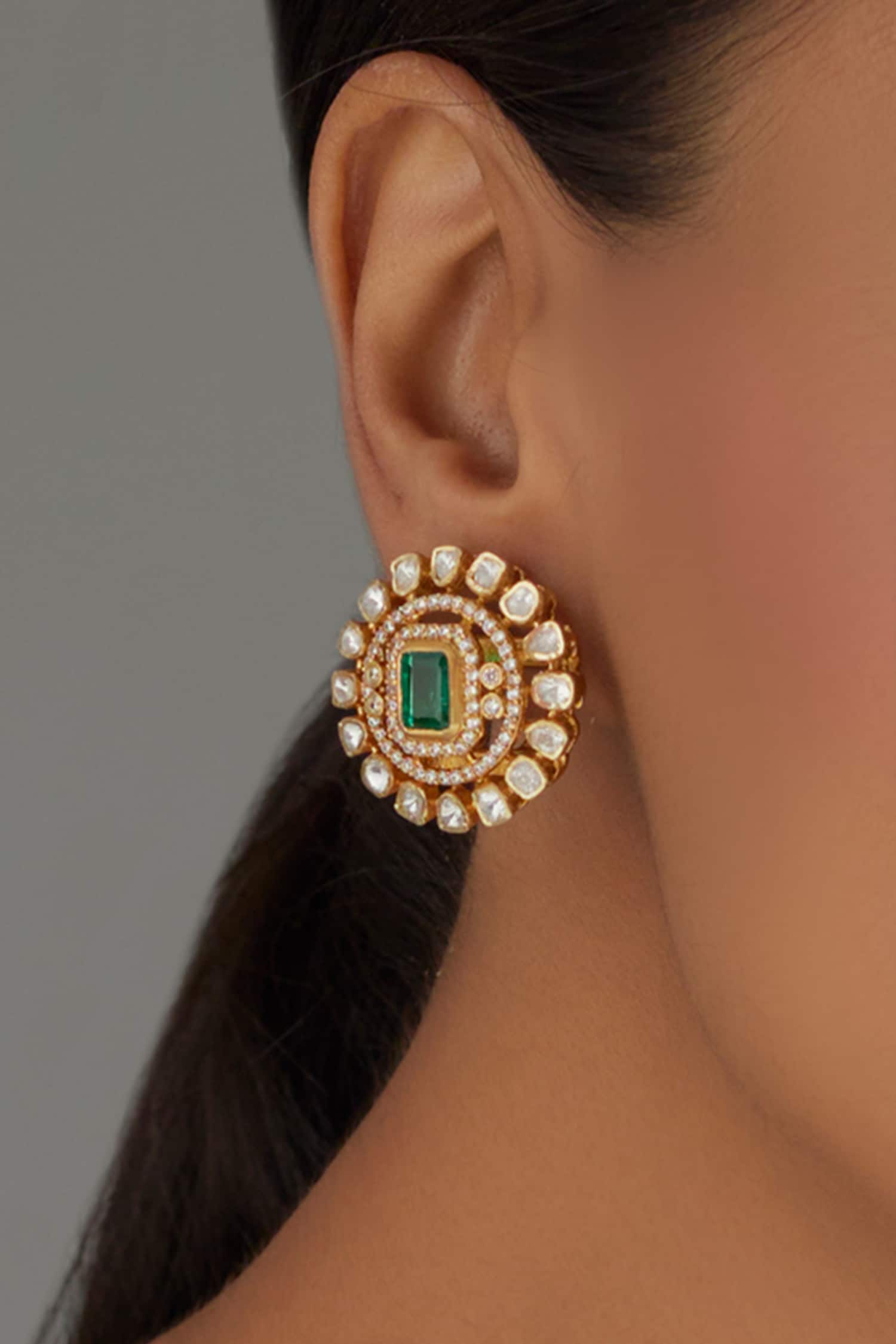 Moissanite Polki Embellished Carved Studs 
