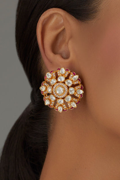 Moissanite Polki Embellished Carved Studs 