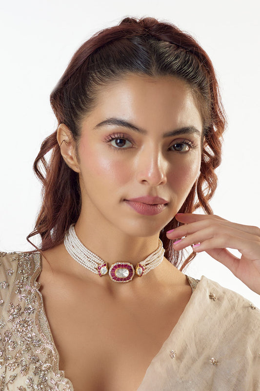 Moissanite Polki Studded Pendant Choker 