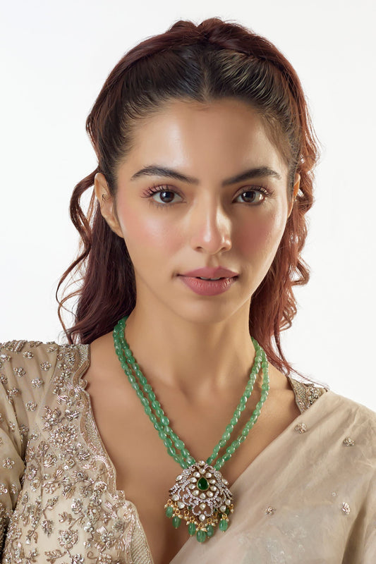 Moissanite Stone & Bead Embellished Pendant Necklace 