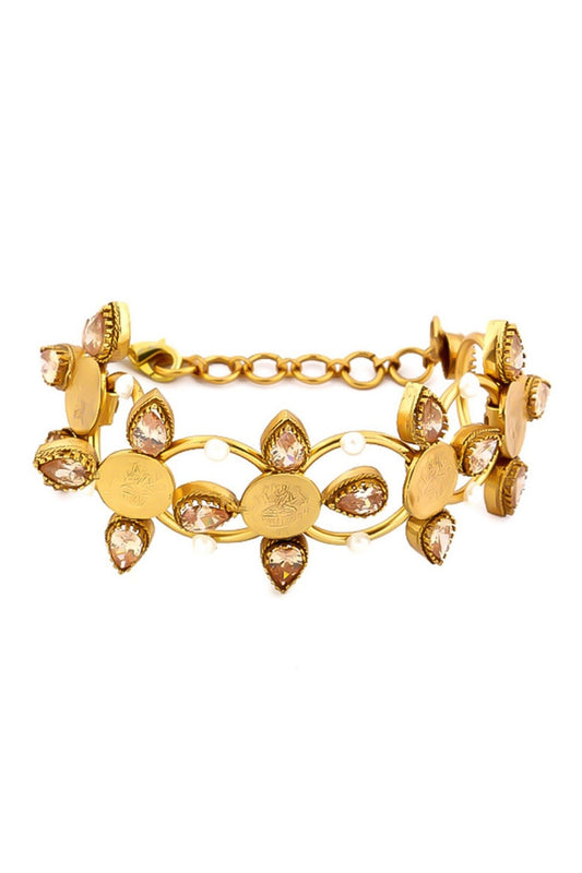 Crystal & Kasu Coin Embellished Floral Cuff Bracelet 