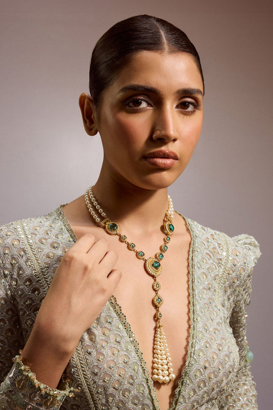 Emerald Cabochon Embellished Pearl Long Necklace 