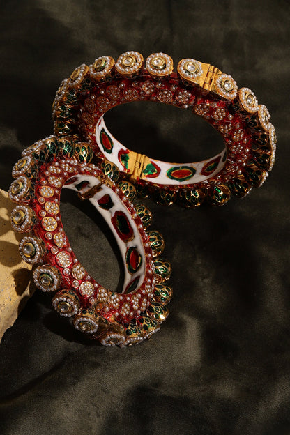 Meenakari Work Kundan & Pearl Embellished Bangles - Set of 2 