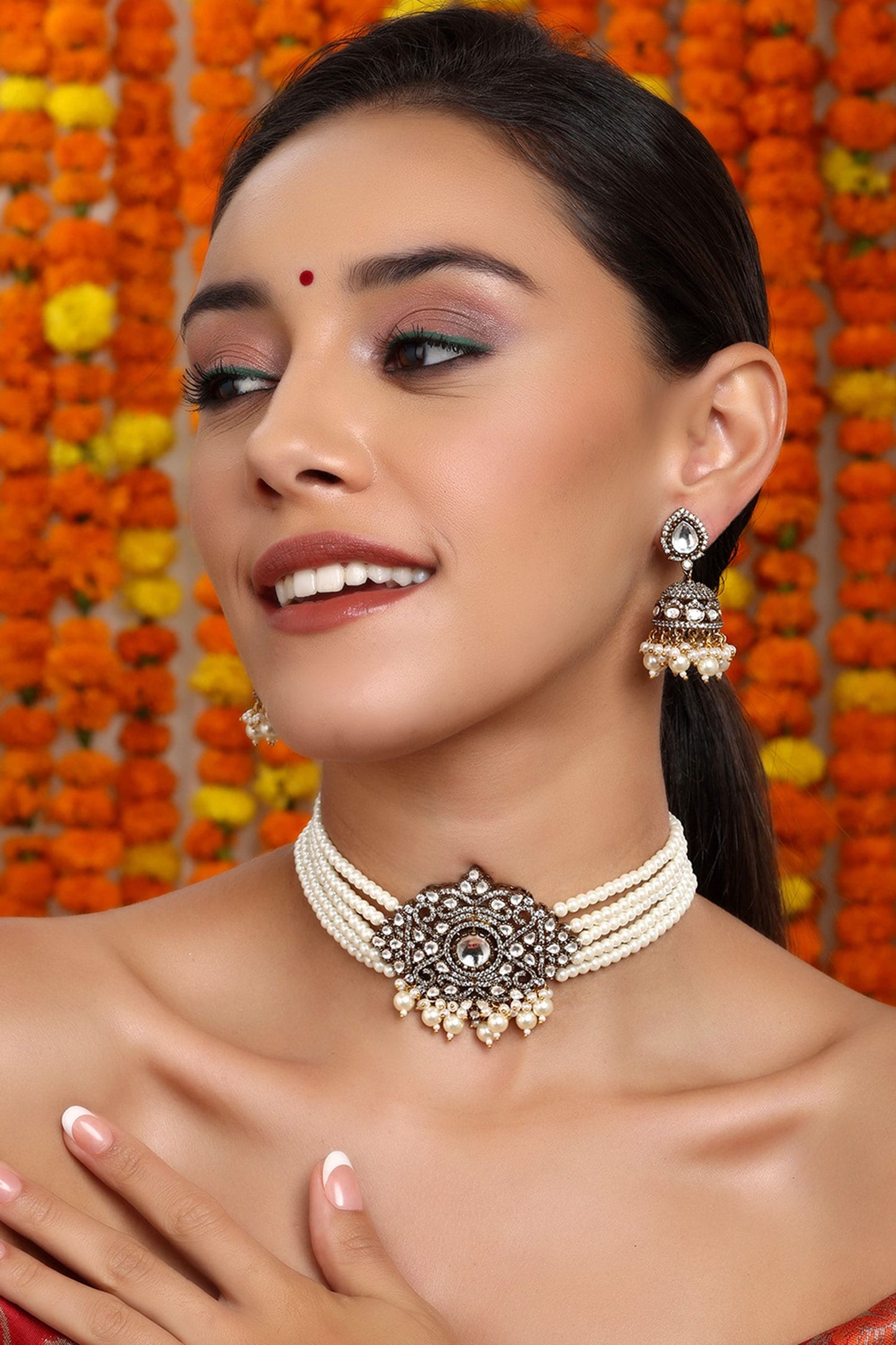 Polki Embellished Pearl Choker Set 