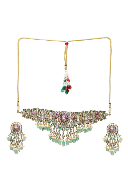 Floral Emerald Embellished Choker Set 