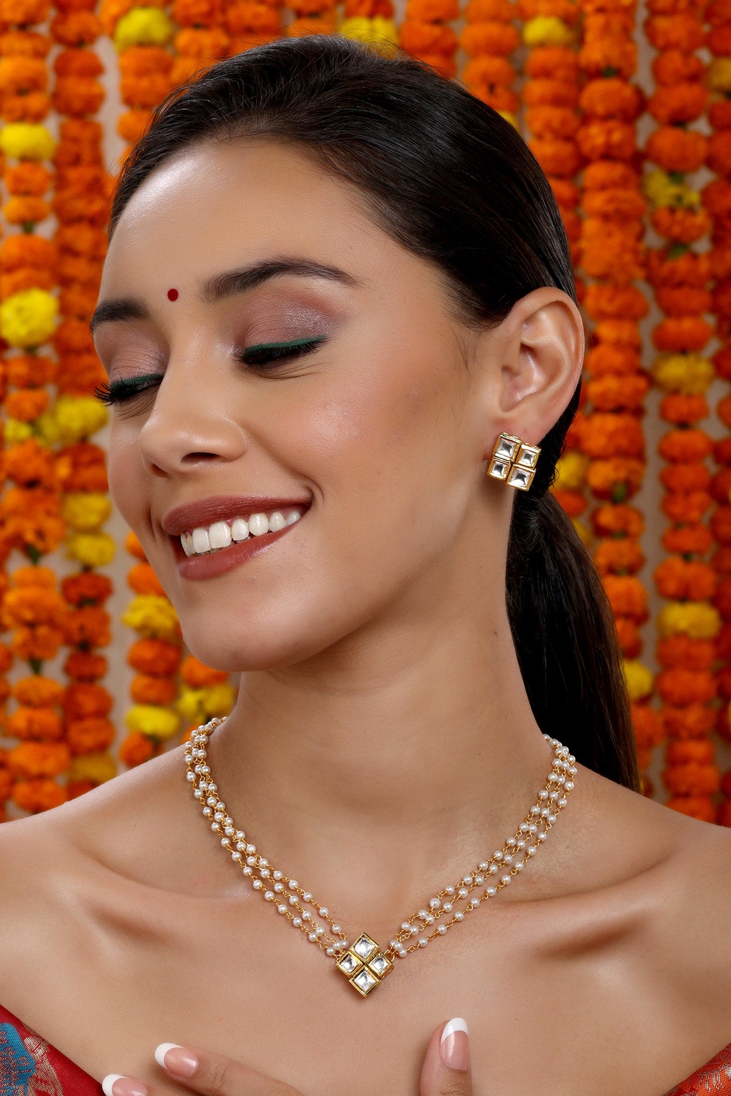 Kundan Pearl Chain Necklace Set 