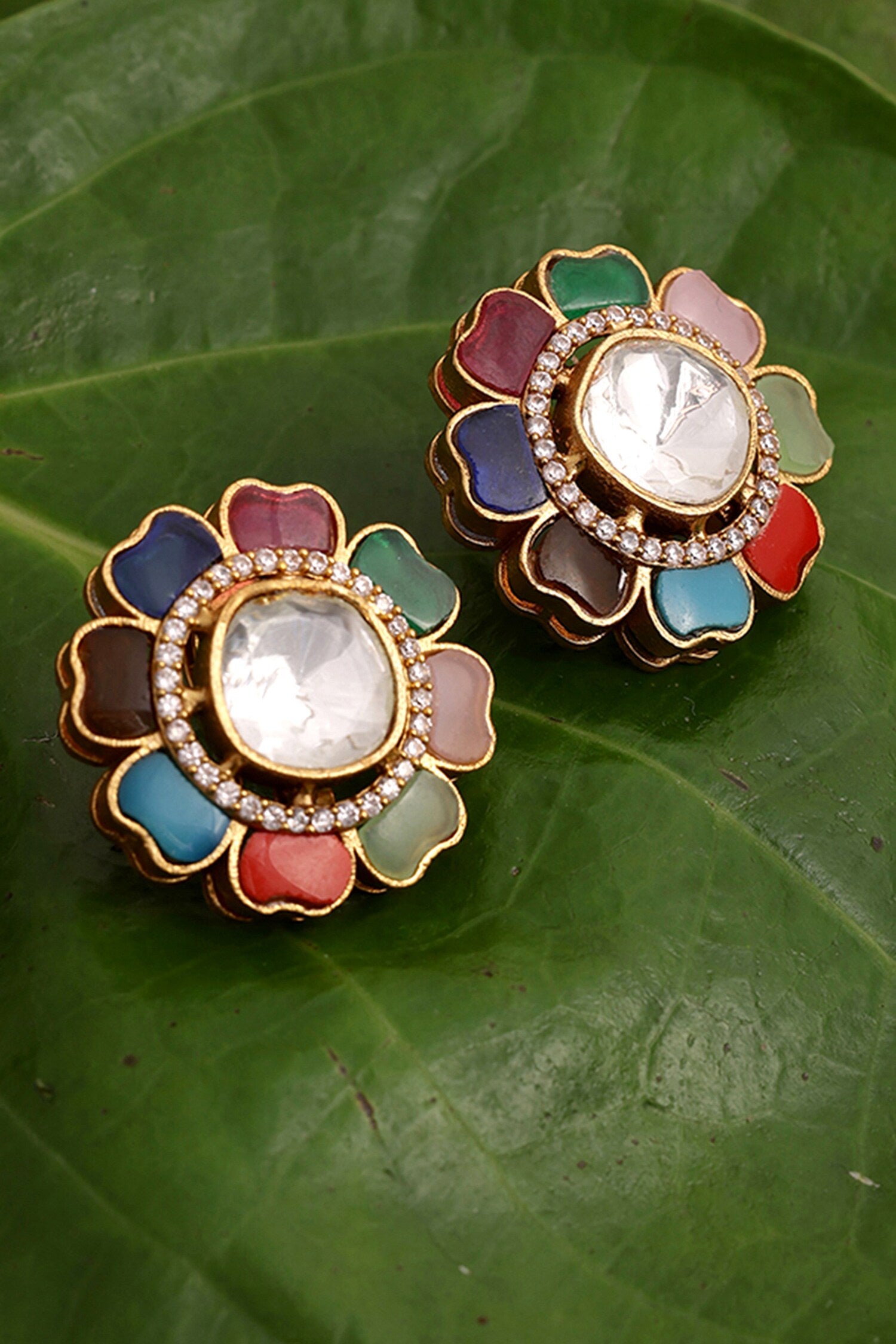 Kundan & Stone Embellished Floral Studs 