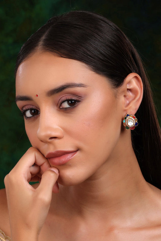 Kundan & Stone Embellished Teardrop Bloom Studs 