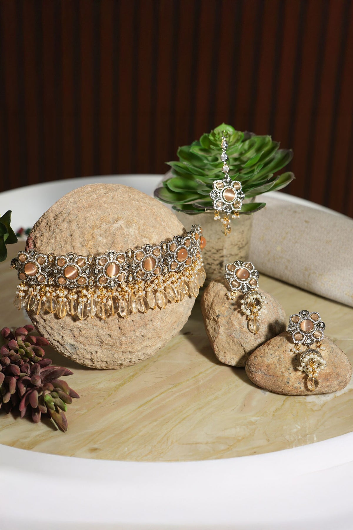 Stone & Bead Embellished Necklace Set 