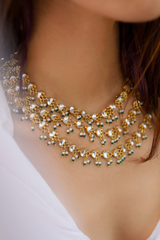 Kundan Pearl Tassel Layered Necklace 