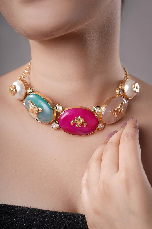 Floret Carved Contrast Stone Embellished Choker 