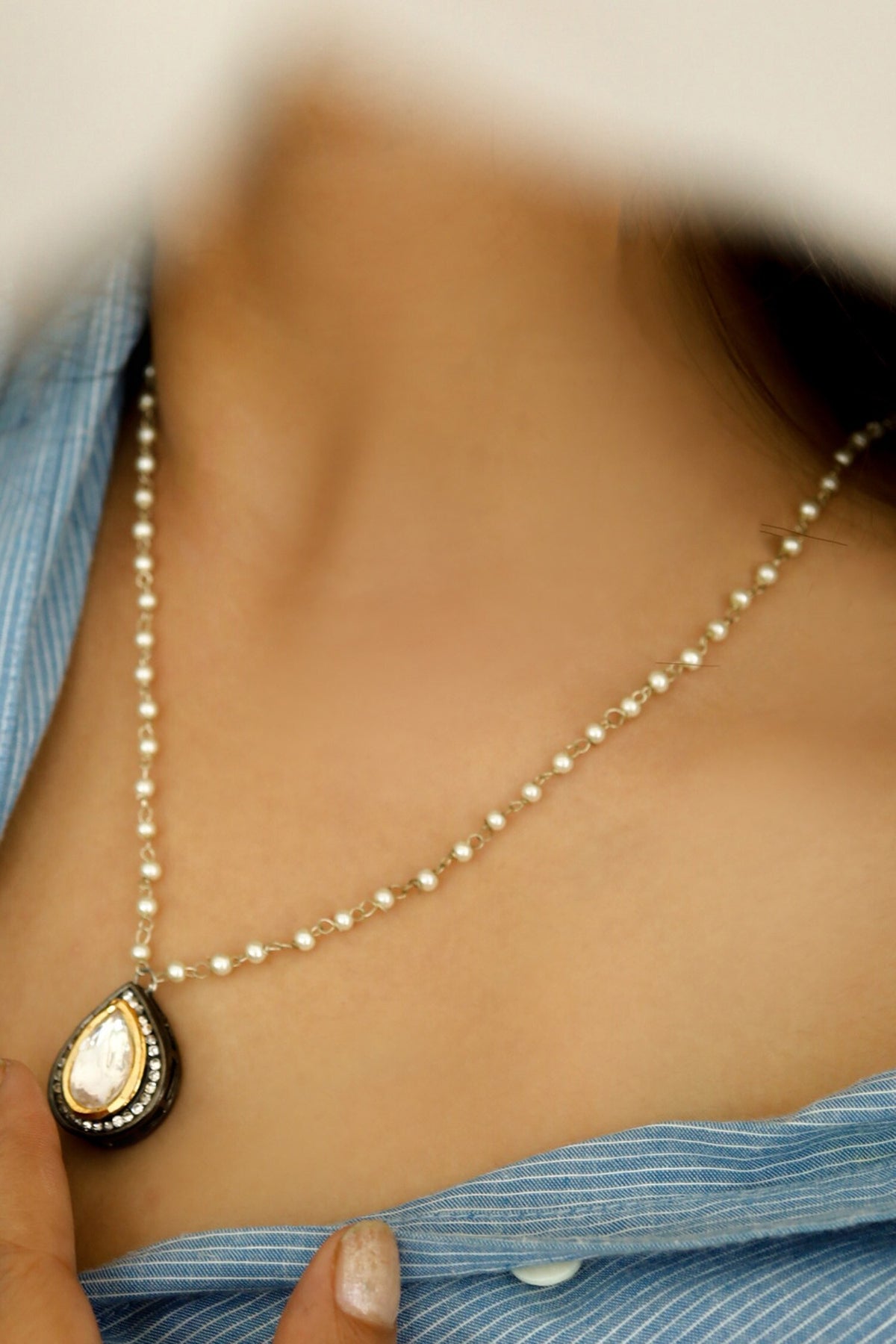 Teardrop Polki & Cubic Zirconia Embellished Pendant Necklace 