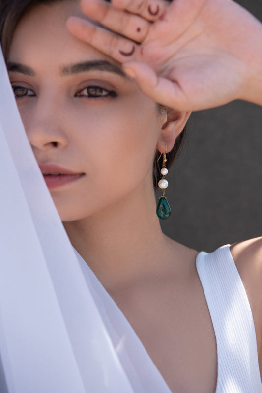 Natural Stone & Pearl Embellished Drop Earrings 