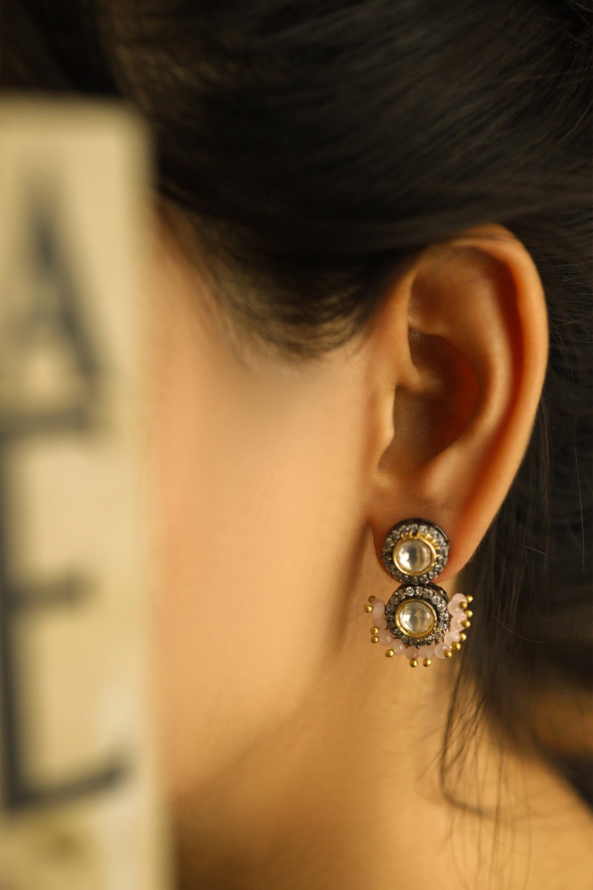 Polki & Onyx Embellished Dewdrop Earrings 