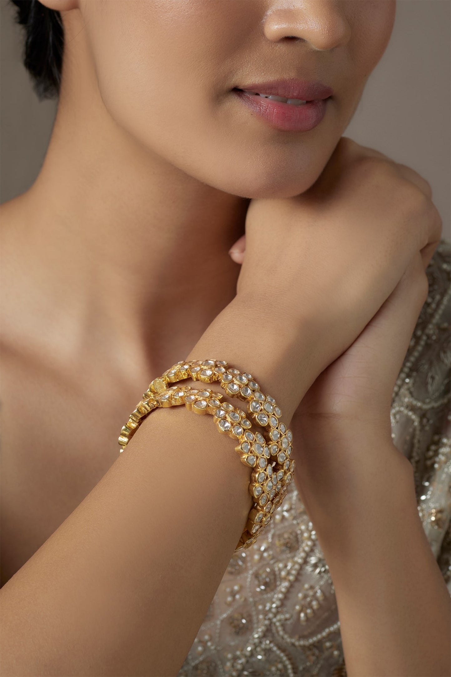 Floral Moissanite Polki Embellished Bangles Set Of 2 