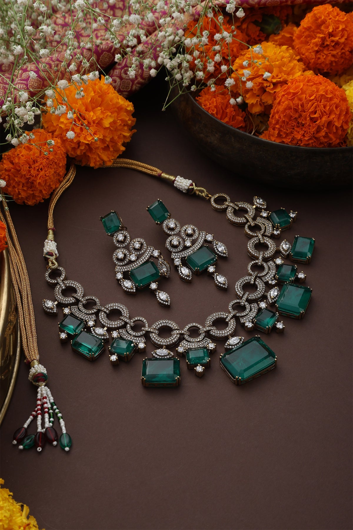 Geometric Emerald Drop Necklace Set 