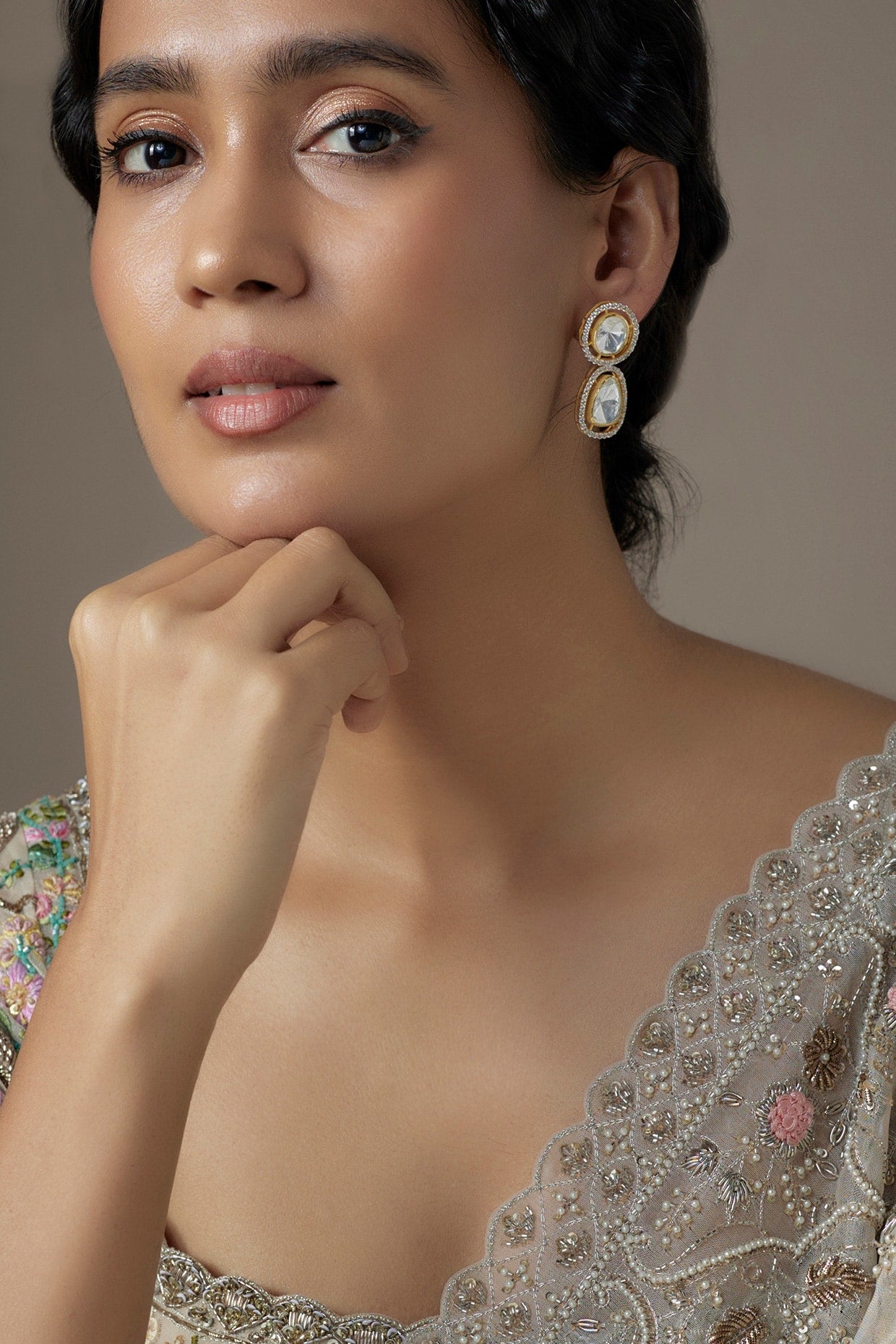 Moissanite Polki Embellished Drop Earrings 