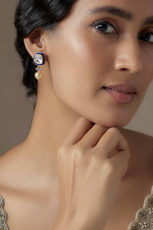 Moissanite Polki Embellished Pearl Drop Earrings 