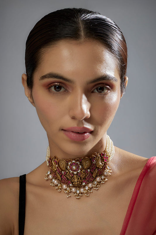 Kundan Stone & Pearl Embellished Temple Choker 