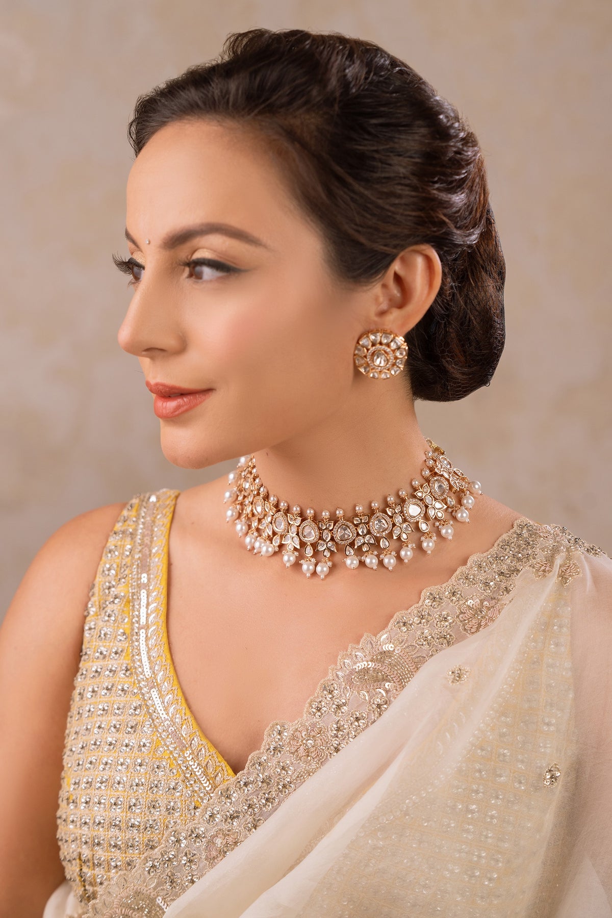 Kundan Polki Pearl Necklace & Earring Set 