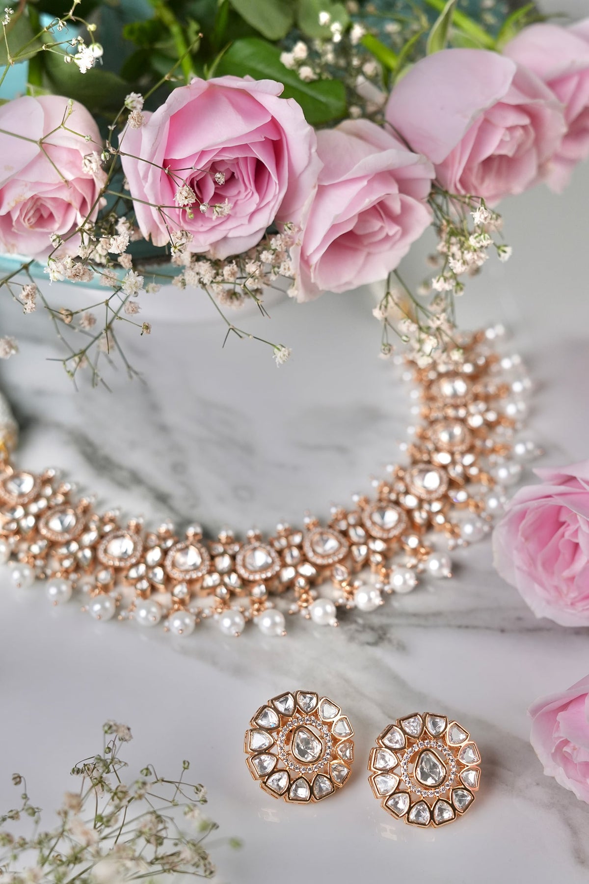 Kundan Polki Pearl Necklace & Earring Set 