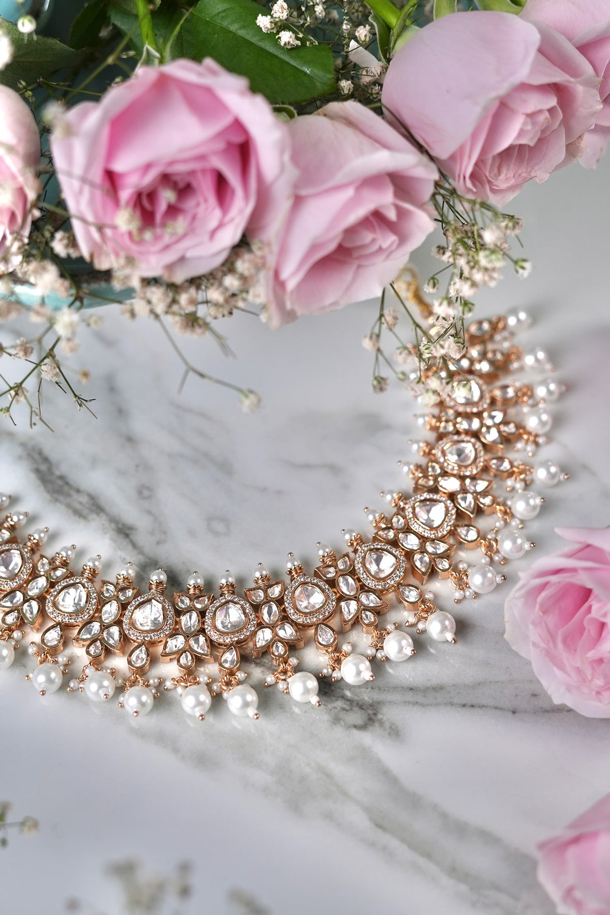 Kundan Polki Pearl Necklace & Earring Set 