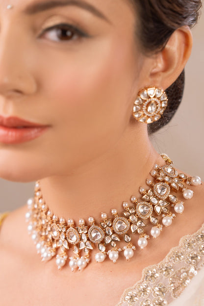 Kundan Polki Pearl Necklace & Earring Set 